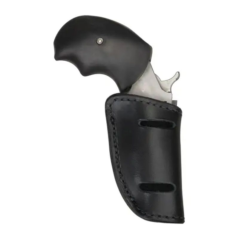 Black Leather Boot And Belt Slide Holster showing compact leather pocket design with belt slot openings and small revolver grip