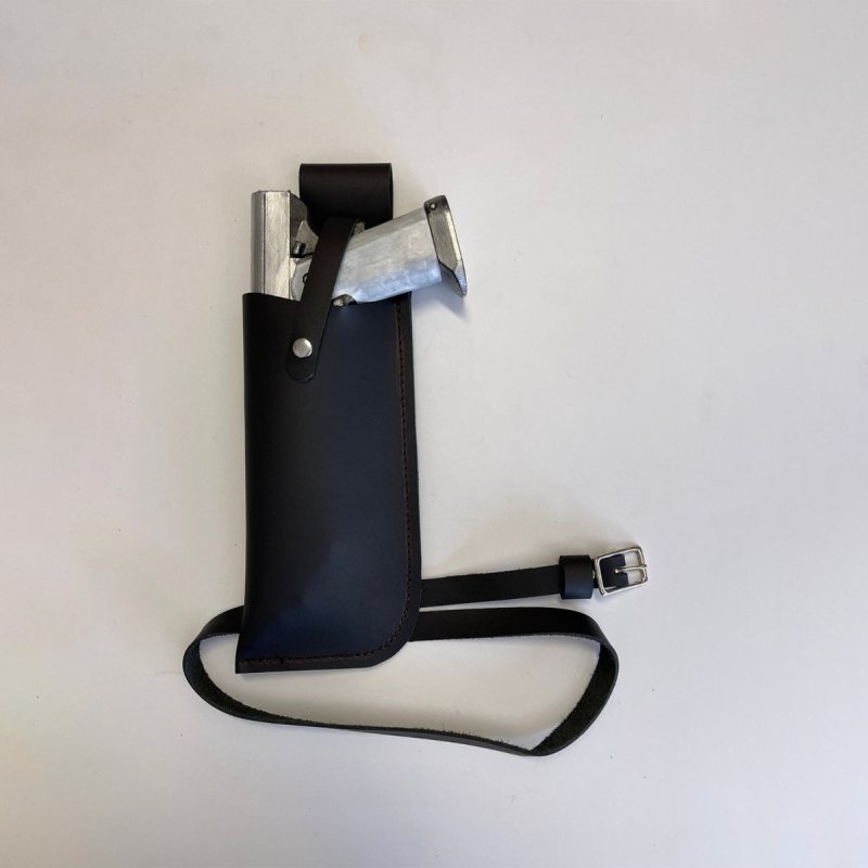 Black leather drop leg holster with adjustable calf strap front view