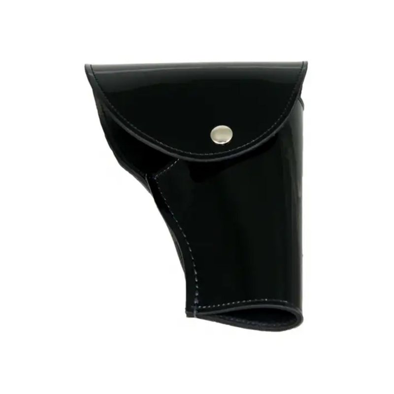 Black Leather Duty Flap Holster With Sam Browne Hooks front view showing full flap cover and snap button retention on polished leather body