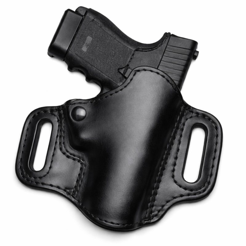 Black Leather High Ride OWB Holster front view showing dual belt slots and reinforced stitching detail