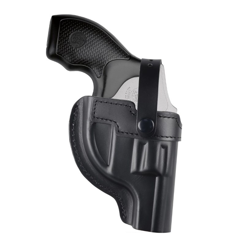 Black Leather OWB Hunting Holver With Thumb Break front angled view