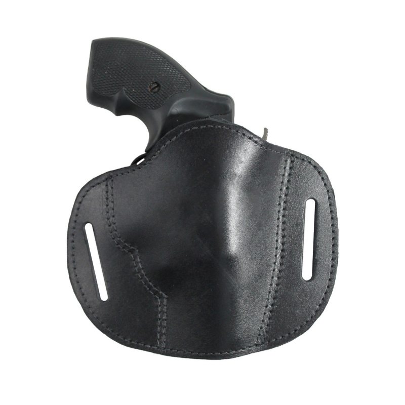 Black Leather Pancake Belt Slide Holster – front view with dual belt slots for 2 inch snub nose