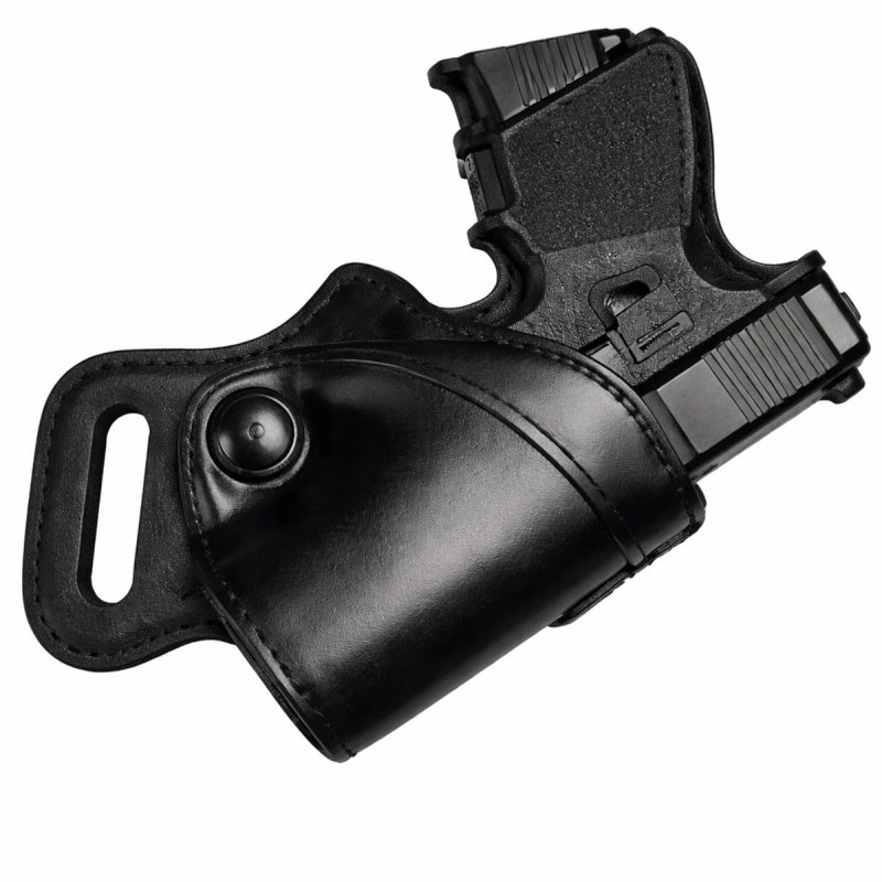 Black Leather Rear Guard Holster front angle showing belt slide slot and adjustable retention screw
