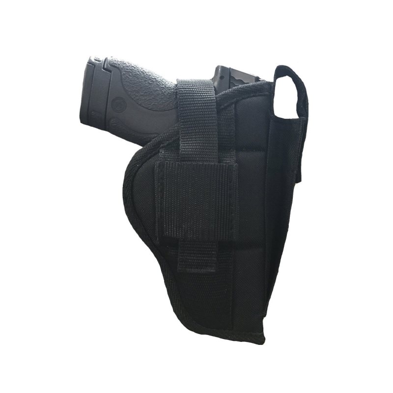 Black nylon belt clip holster left side view showing flexible body and retention strap