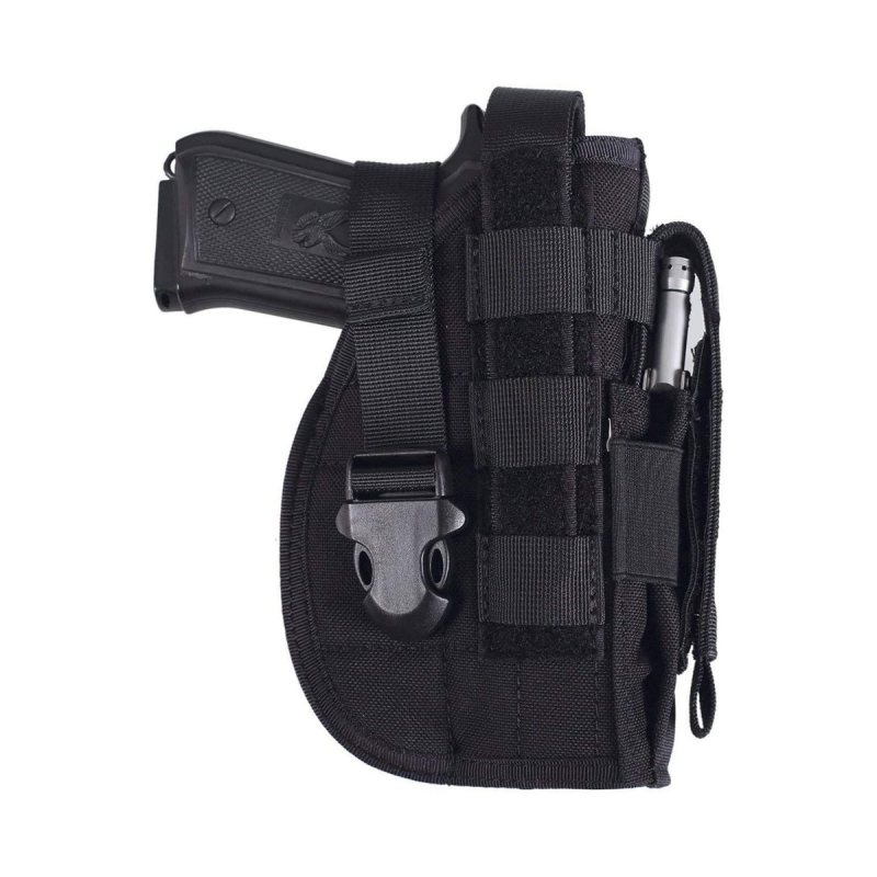 Black Nylon MOLLE Hunting Holster side view with attached mag pouch and right hand draw design
