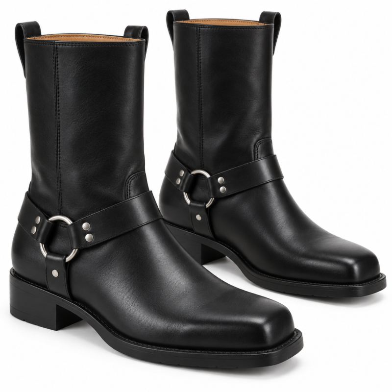 Pair of black leather square toe harness boots with silver-tone ankle rings and low black heels.