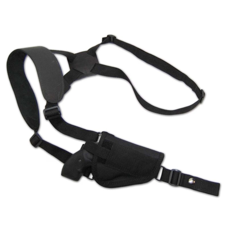 Black nylon vertical shoulder holster full harness view with adjustable straps