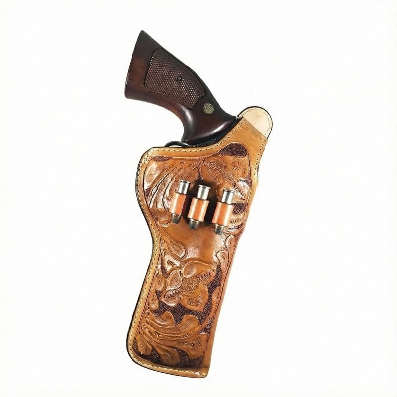 Brown duty leather holster with bullet loops showing OWB belt carry and reinforced thumb break retention
