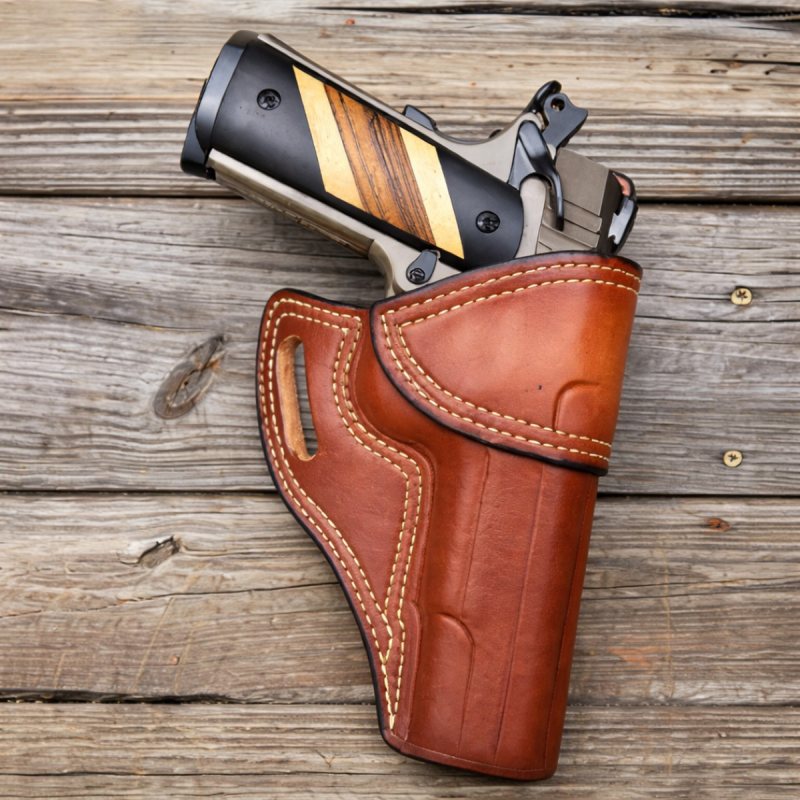 Brown Leather Avenger OWB Holster – front angle view – molded full grain leather holster with reinforced belt slot