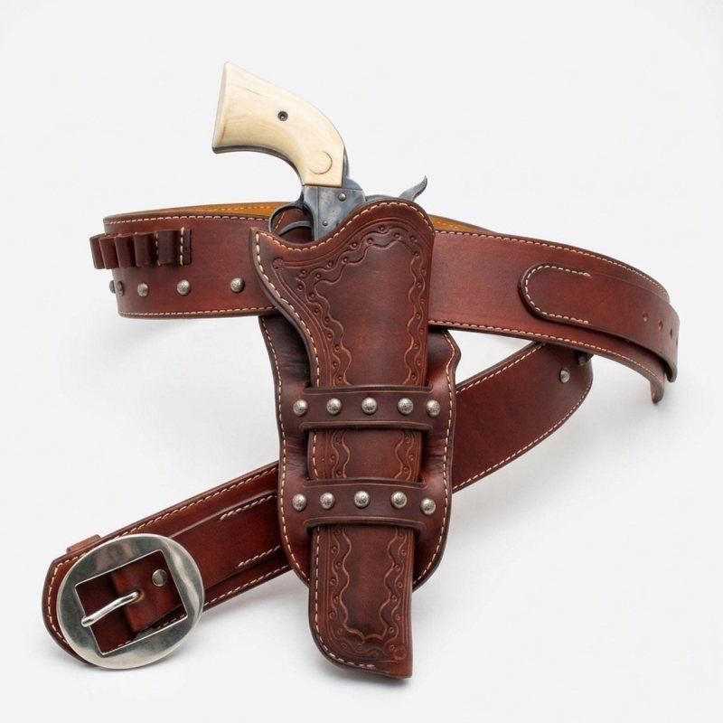Brown Western Leather Revolver Holster Belt with Cartridge Loops – product front view – tooled brown leather holster, belt, buckle, and cartridge loop section