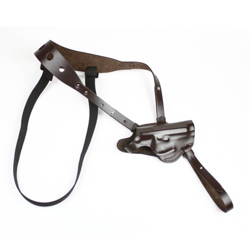 Brown leather horizontal shoulder holster harness shown laid out