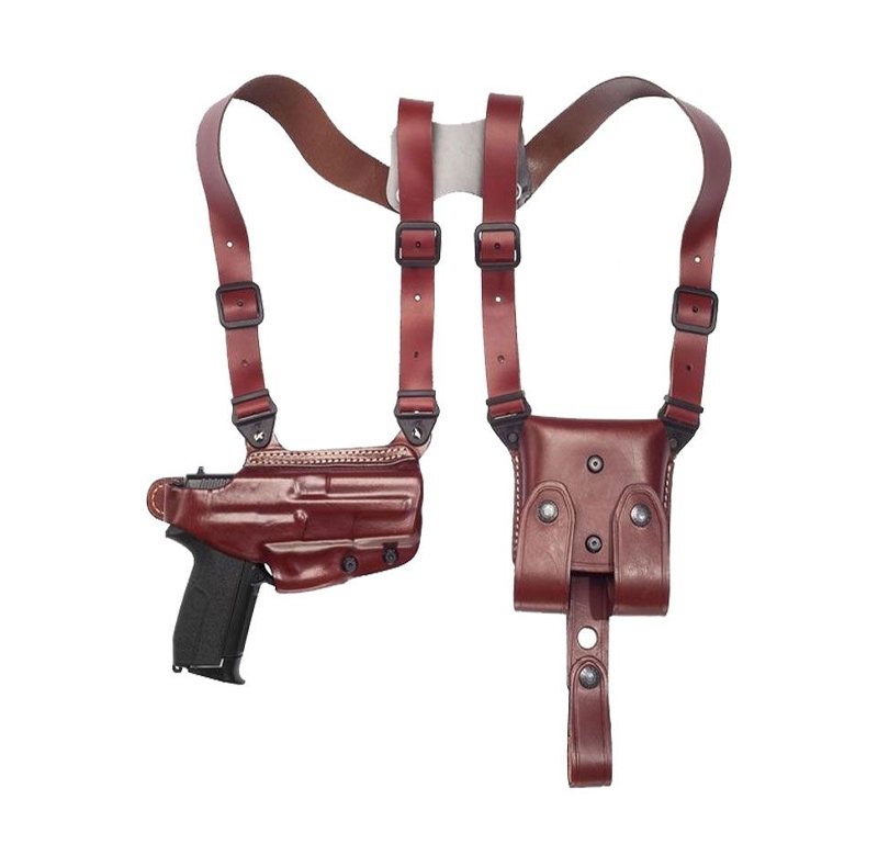 Brown Leather Horizontal Shoulder Holster with Double Magazine Pouch
