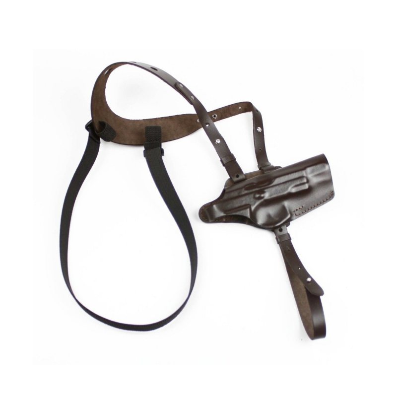 Front angle view of brown leather shoulder holster with harness straps