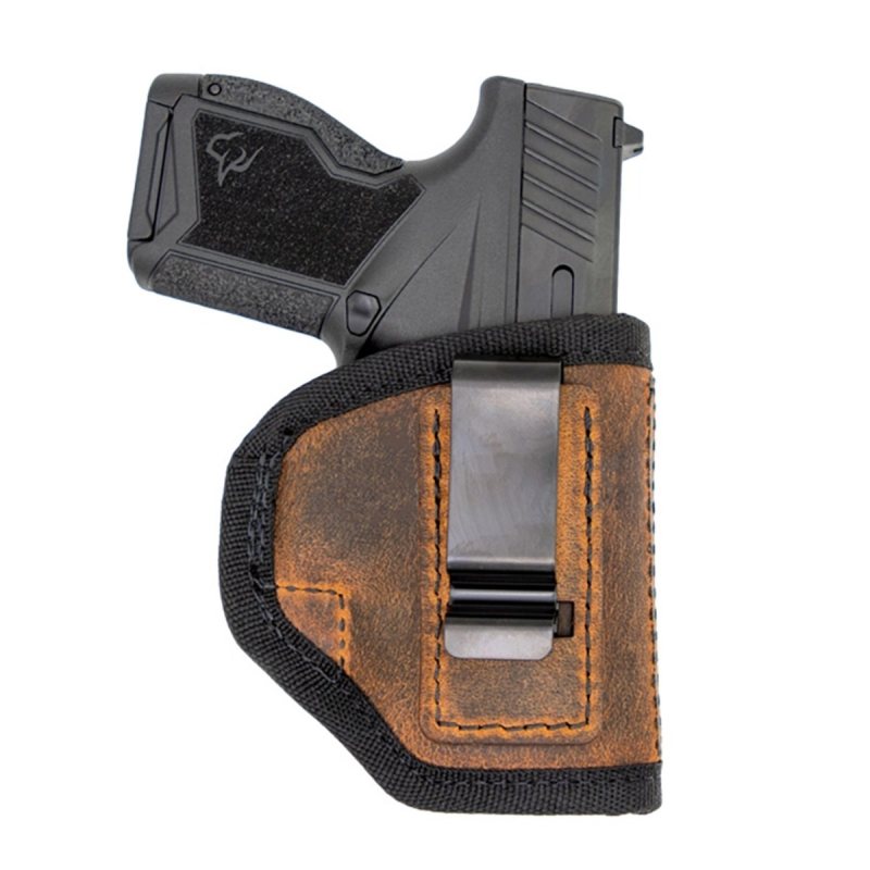 Brown Leather IWB Holster With Padded Back showing brown leather body, black trim, and metal belt clip