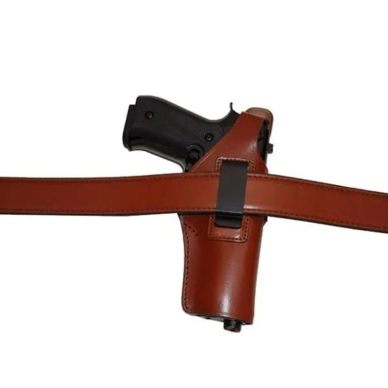Brown leather IWB OWB hybrid holster worn on belt with metal clip
