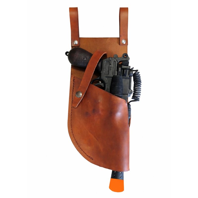 Brown Leather Mauser Merr Sonn Power 5 Molded Holster with Notch shown with prop blaster inserted