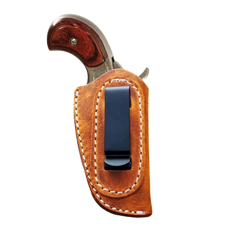 Brown Leather OWB Clip Holster front view with black metal clip and contrast stitching