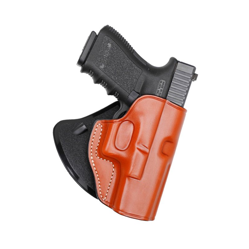 Brown leather paddle holster open top design with molded leather body