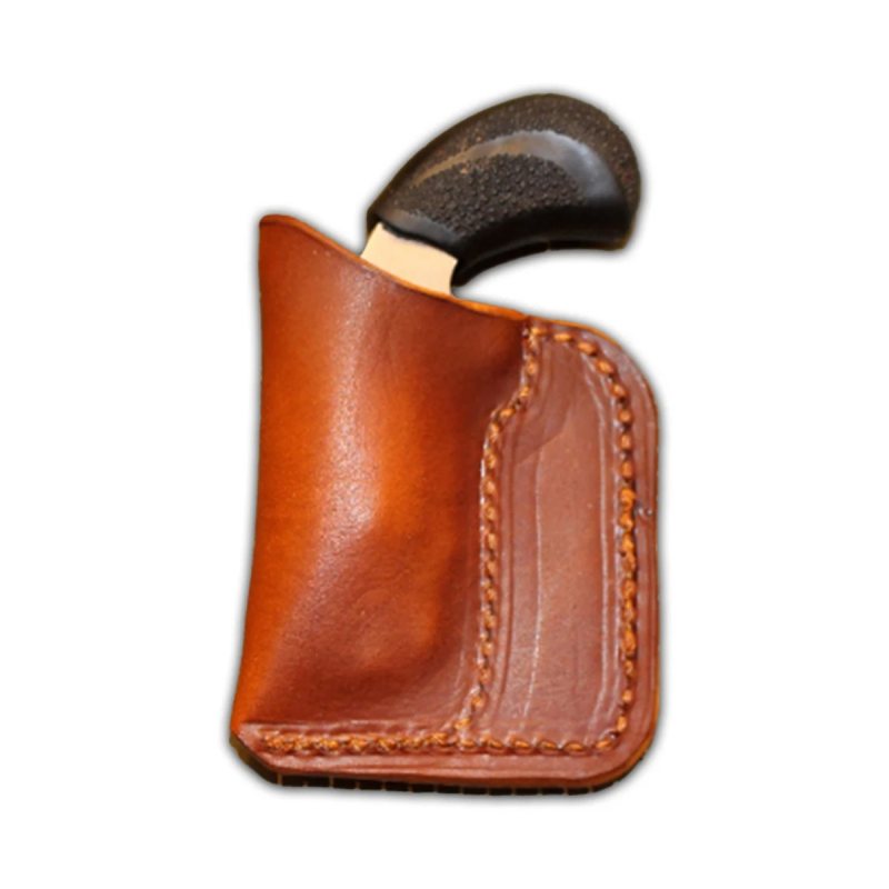 Brown Leather Pocket Holster – front angle view – molded leather pocket holster with small revolver grip exposed