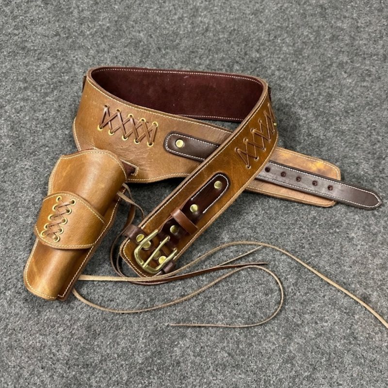 Brown Western Leather Revolver Holster Cartridge Belt – angled product view – brown leather holster, brass tone buckle, cartridge loops, and tie down strap