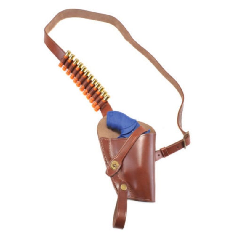 Brown leather shoulder holster with shell loops shown as full rig with adjustable strap layout