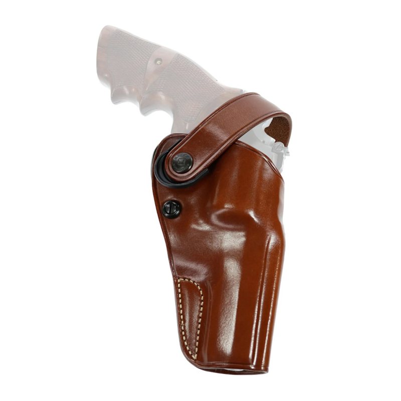 Brown leather strongside crossdraw belt holster with retention strap and full coverage design