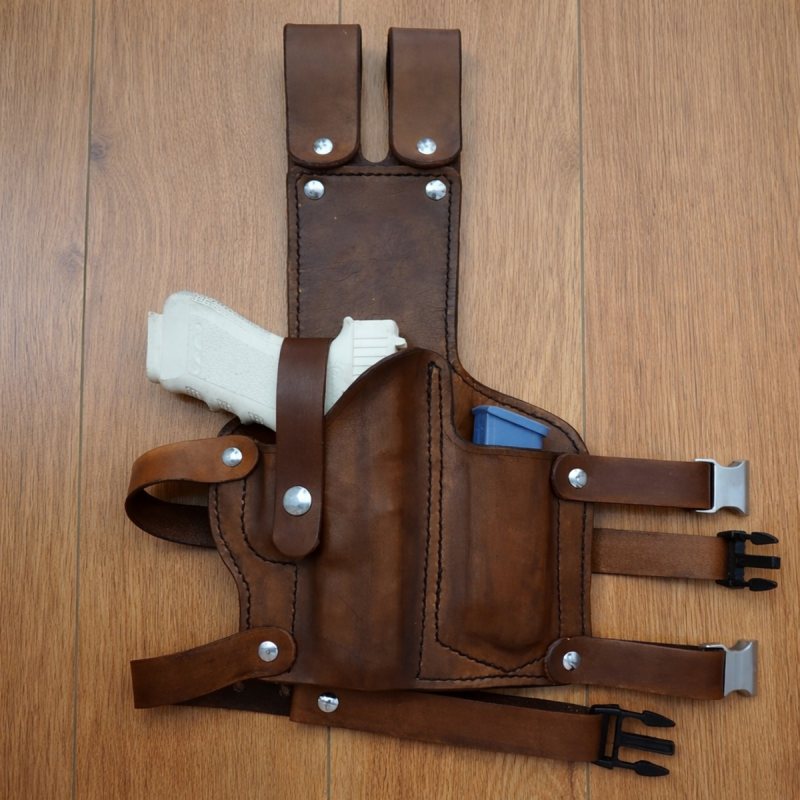 Brown Leather Tactical Drop Leg Holster with Magazine Holder flat lay view