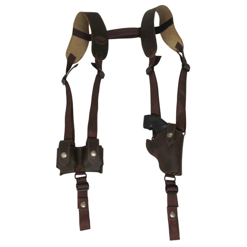 Brown Leather Vertical Shoulder Holster full harness view showing cross back straps and dual speed loader pouch