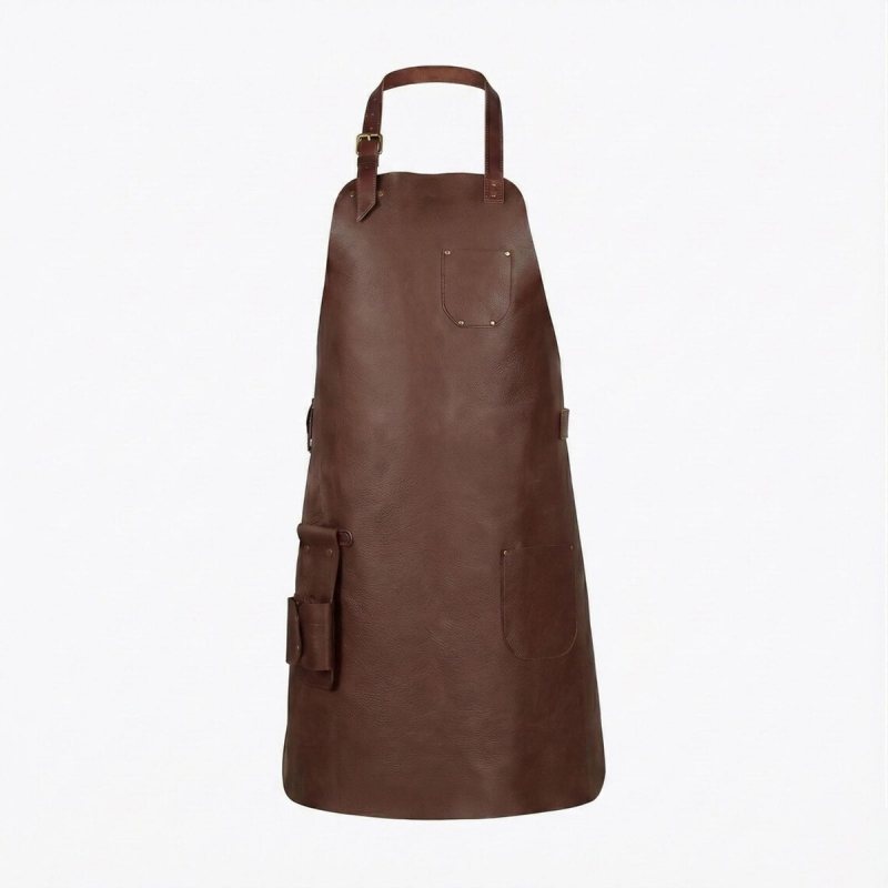 Brown top grain leather workshop apron front view with adjustable neck strap