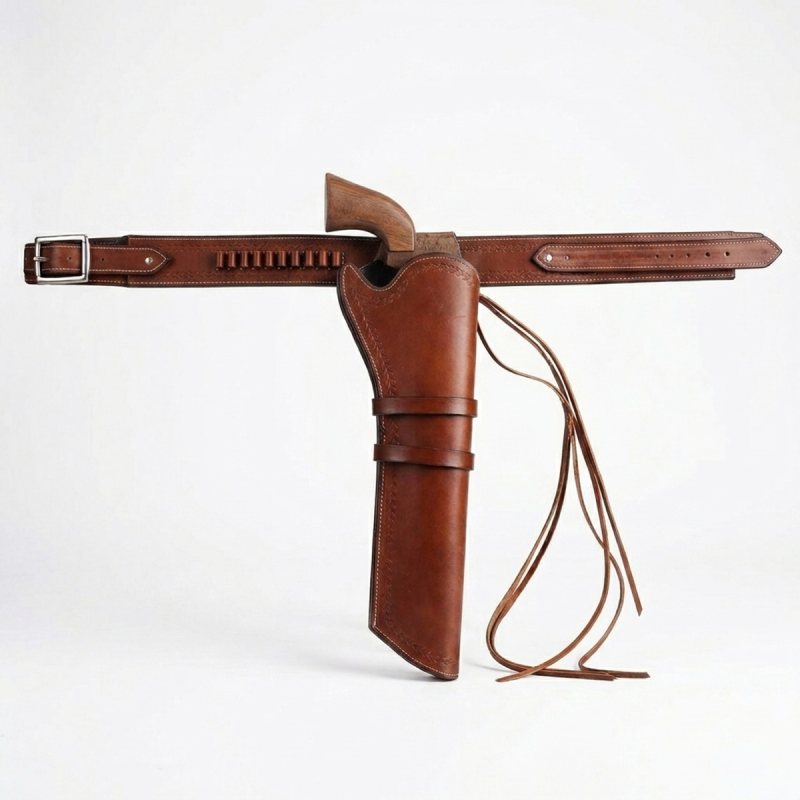 Brown Western Leather Scabbard Revolver Holster Belt with Cartridge Loops – white background product view – brown leather scabbard holster, belt, buckle, and tie down straps