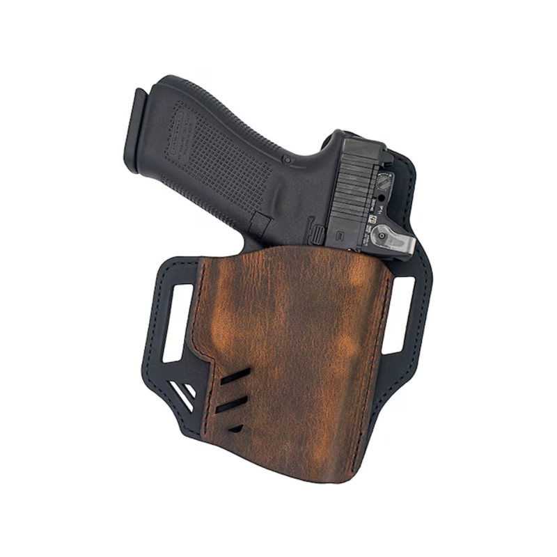 Brown Black Leather Optics Ready OWB Holster – front view showing two tone leather body and belt slot cutouts