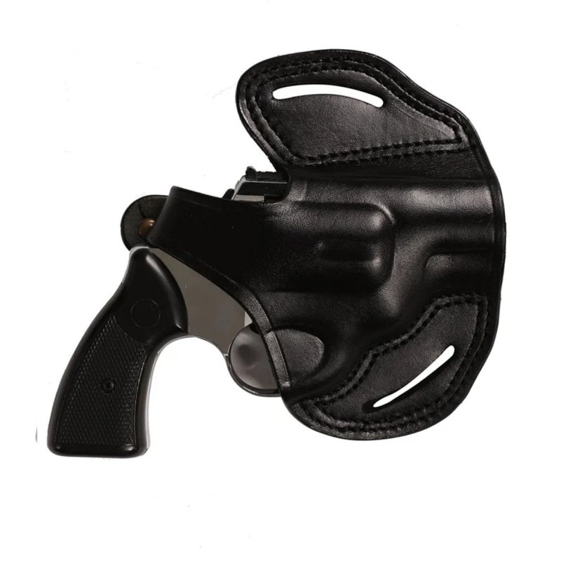 Black leather short barrel OWB revolver holster front angle view with belt slots
