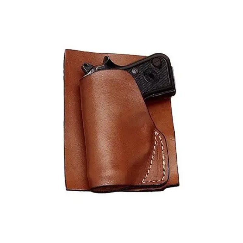 Brown leather pocket holster front view showing molded profile for compact pocket carry