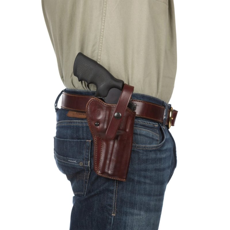 Burgundy leather Alaska Hunter hip holster worn OWB on belt