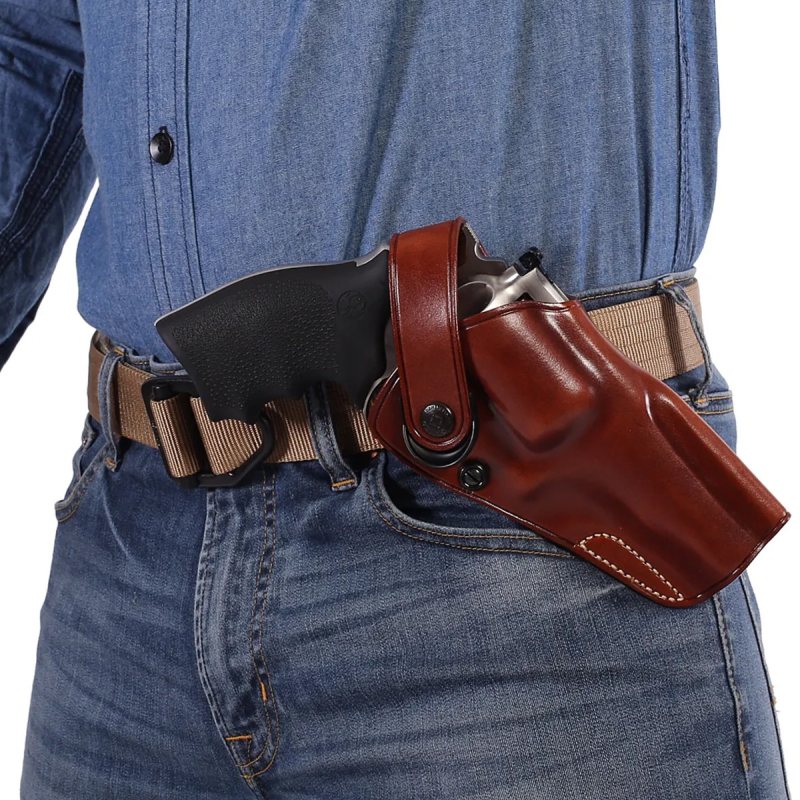 Burgundy leather strongside belt holster worn on waist showing secure open carry position