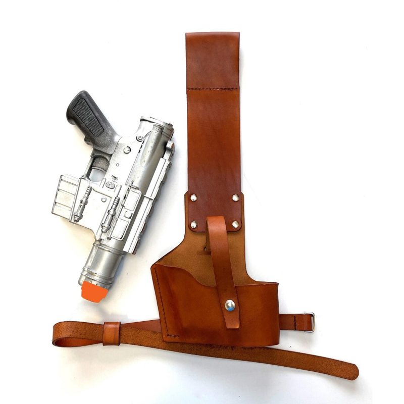 Cassian Andor Inspired Brown Leather Blaster Holster front view with prop