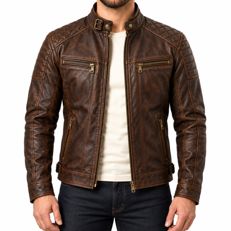 Men's vintage dark brown quilted leather biker jacket front view on white background
