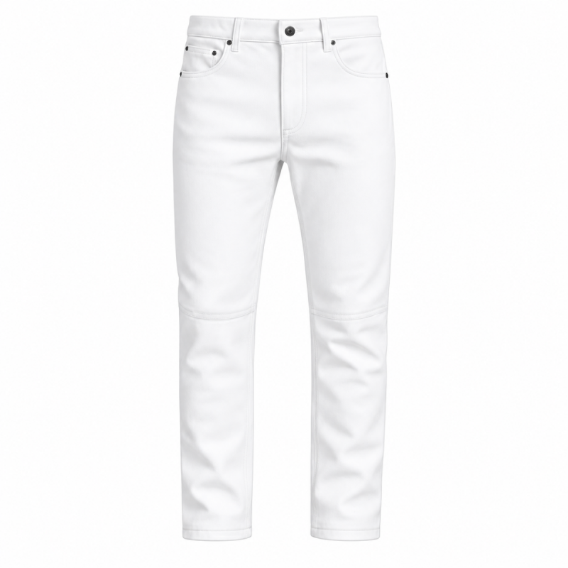 Men's White Leather Biker Pants – Front View with Classic Straight Leg Design
