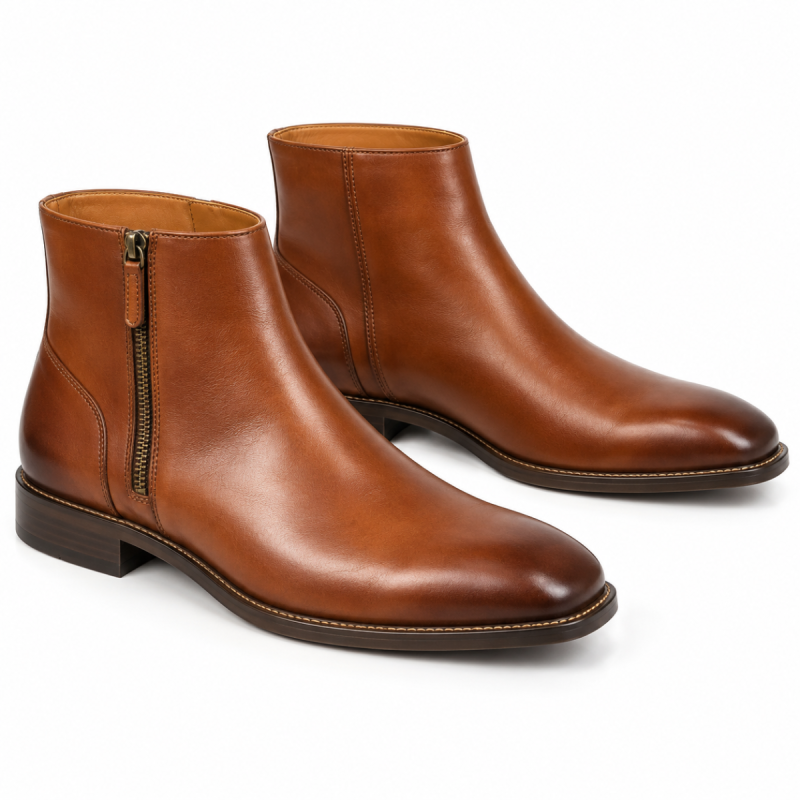Pair of cognac leather side-zip ankle boots with plain toes, tan edge stitching and low dark brown heels on a white background.