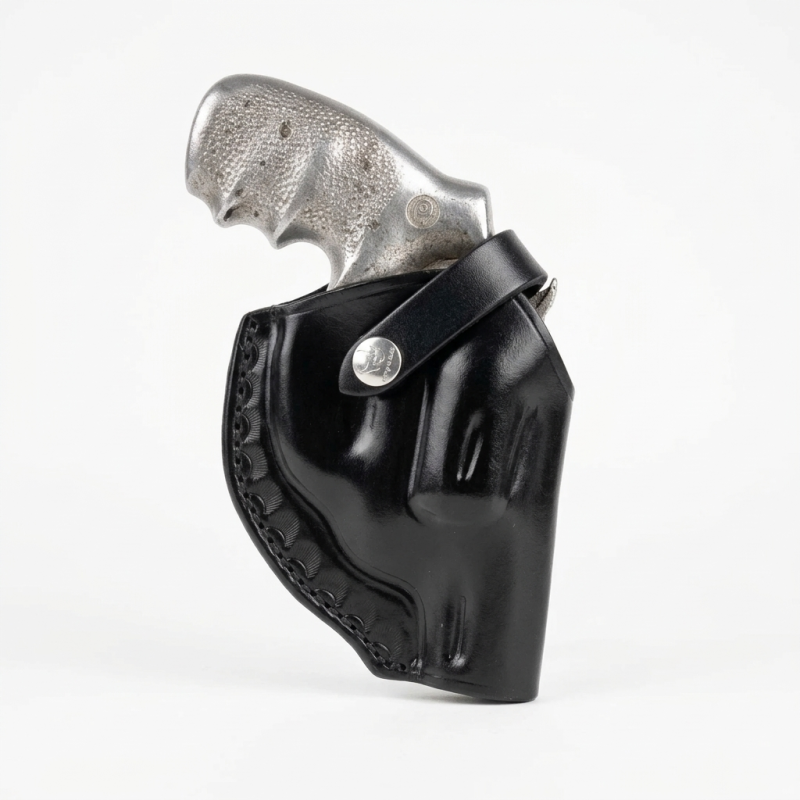 Black leather Colt Cobra revolver holster with decorative stitching
