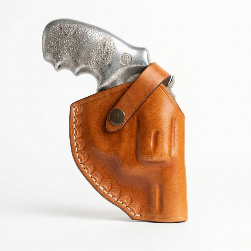 Rear view of brown leather Colt Cobra holster with belt attachment panel
