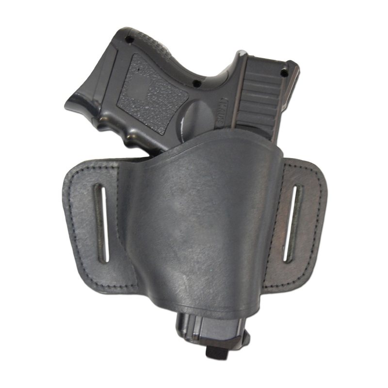 Compact Leather OWB Belt Slide Holster – black finish – front view with compact pistol inserted