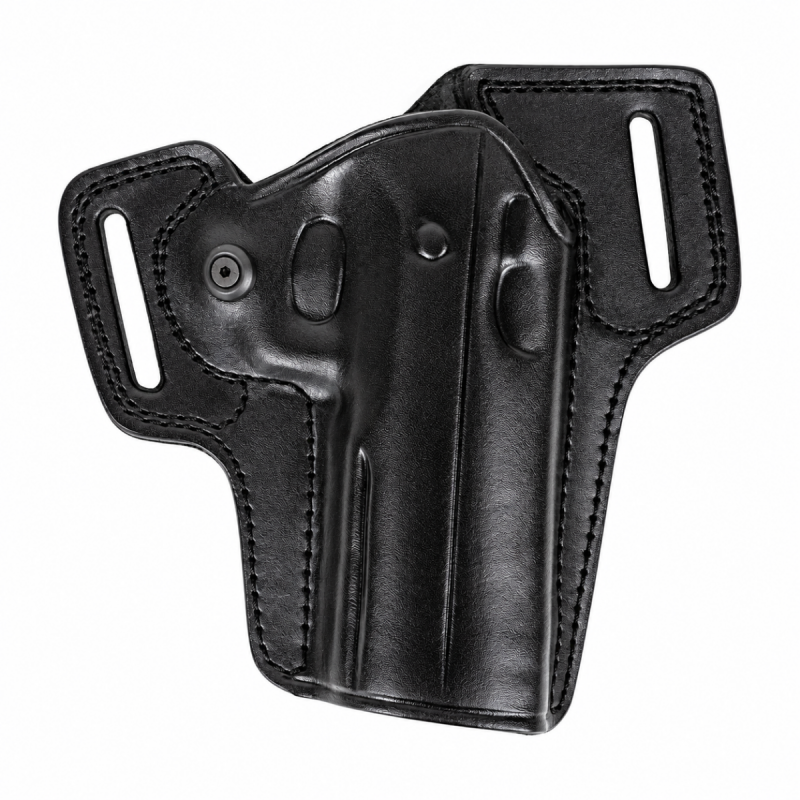 Rear view of black leather CZ Shadow 2 Compact OWB holster with two belt slots