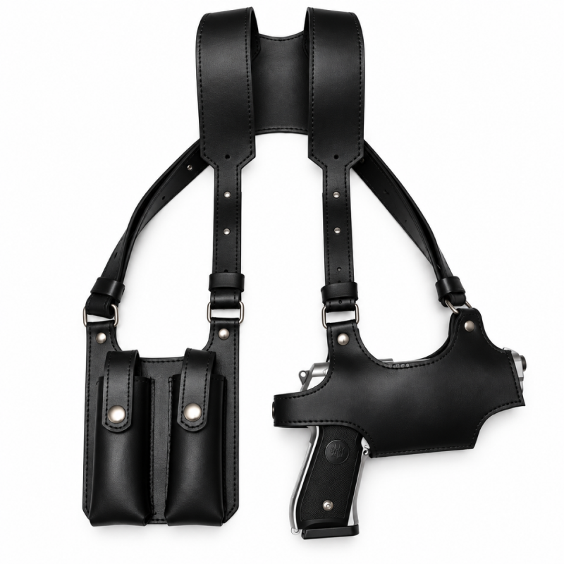 Black leather shoulder holster harness with two accessory pouches, adjustable straps and cross-back support
