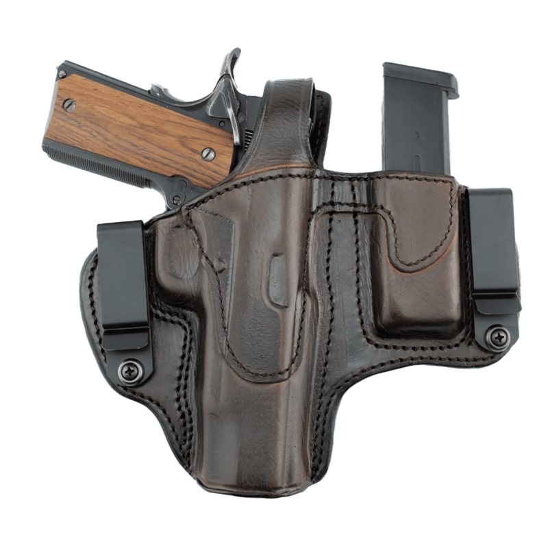 Dark Brown Leather Dual Carry Holster With Mag Pouch showing molded leather body and spare magazine carrier.