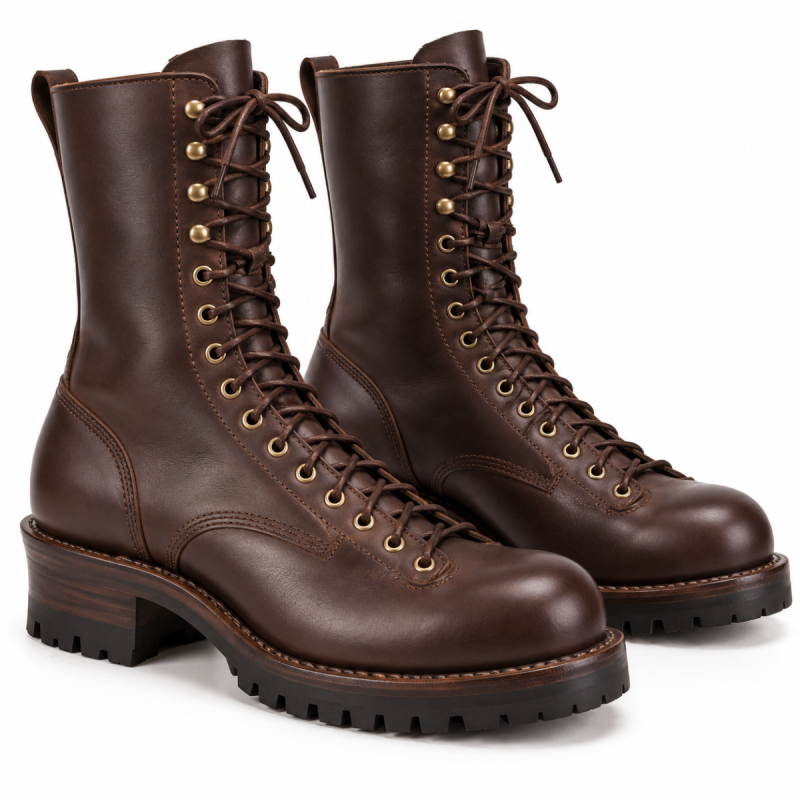 Pair of dark brown leather lace-to-toe logger boots with brass-tone eyelets, raised heels and black lug soles.