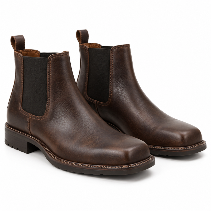 Front view of men’s dark brown square toe Chelsea boots worn with cuffed blue jeans.