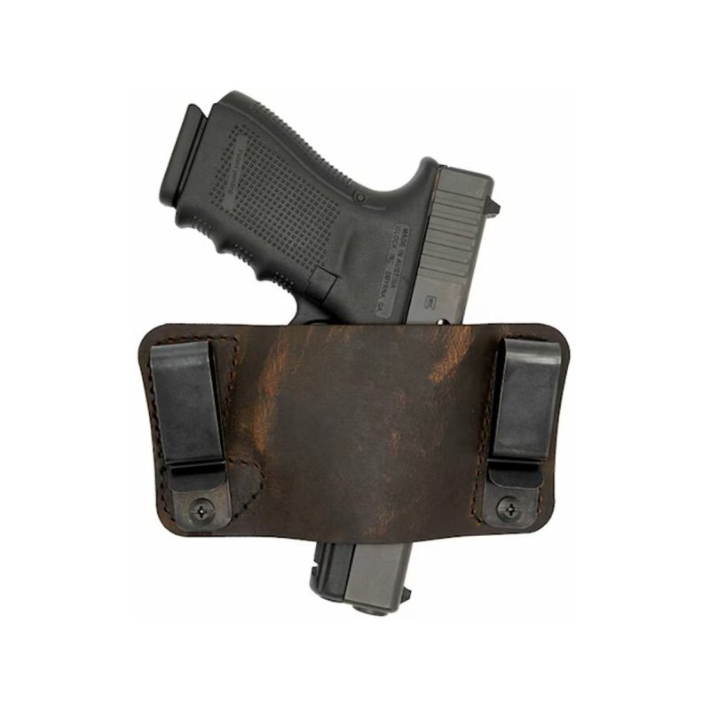 Distressed Dark Brown Leather IWB Holster – front view – wide leather panel with dual belt clips