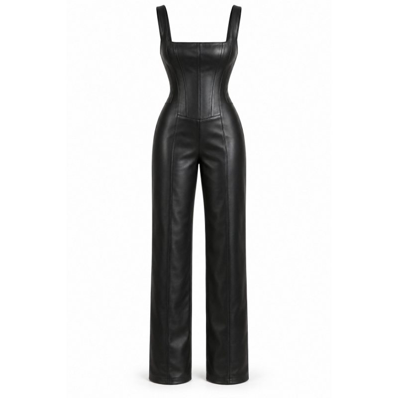 Leder-Jumpsuit mit Korsagenoberteil nach Körpermass - Vorderansicht und gerade Hosenbeine