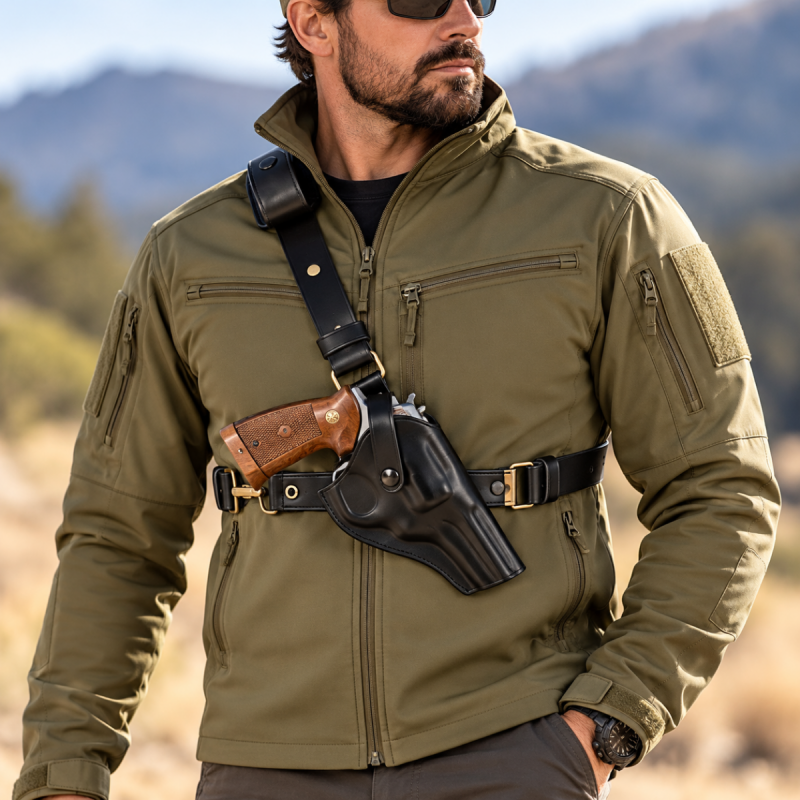Close-up front view of Black Leather Chest Holster With Tactical Mag Pouch showing holster fit, retention, and tactical magazine pouch